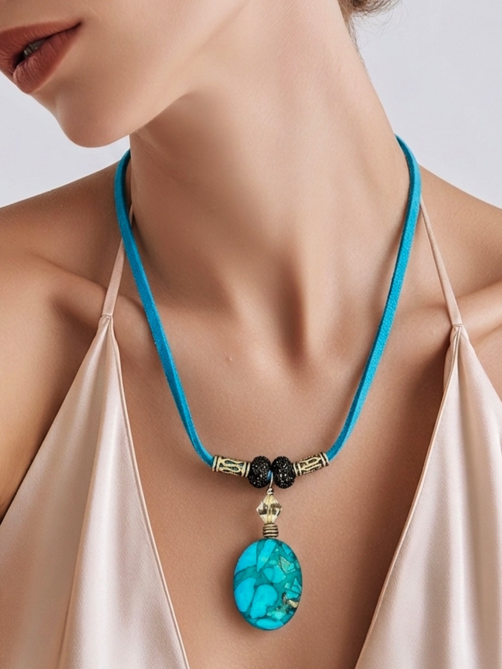 HANDCRAFTED STONE PENDANT Necklace Western Turquoise Blue Suede Cord Minimalist